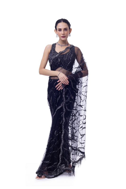 Black Embellished Net Saree