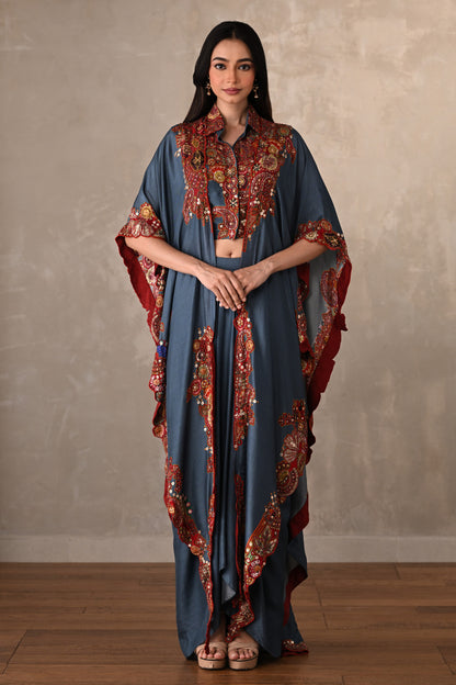 Blue Embroidered Kaftan Shirt & Drape Pant Co-Ord Set