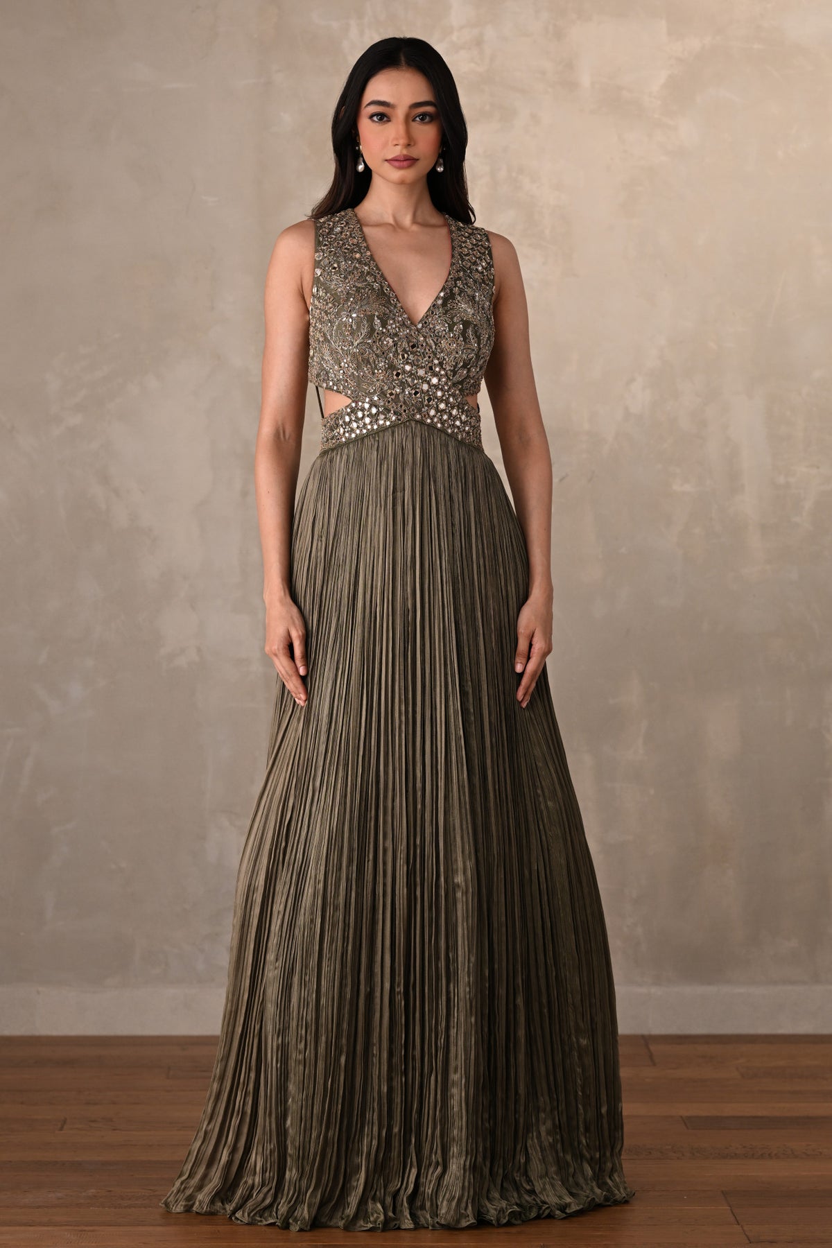 Moss Mirror Embroidered Pleated Gown