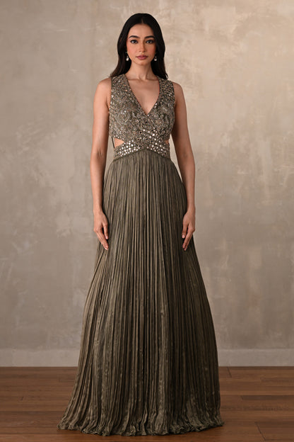 Moss Mirror Embroidered Pleated Gown