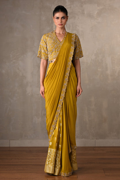Yellow Embellished Crepe Drape Saree Set