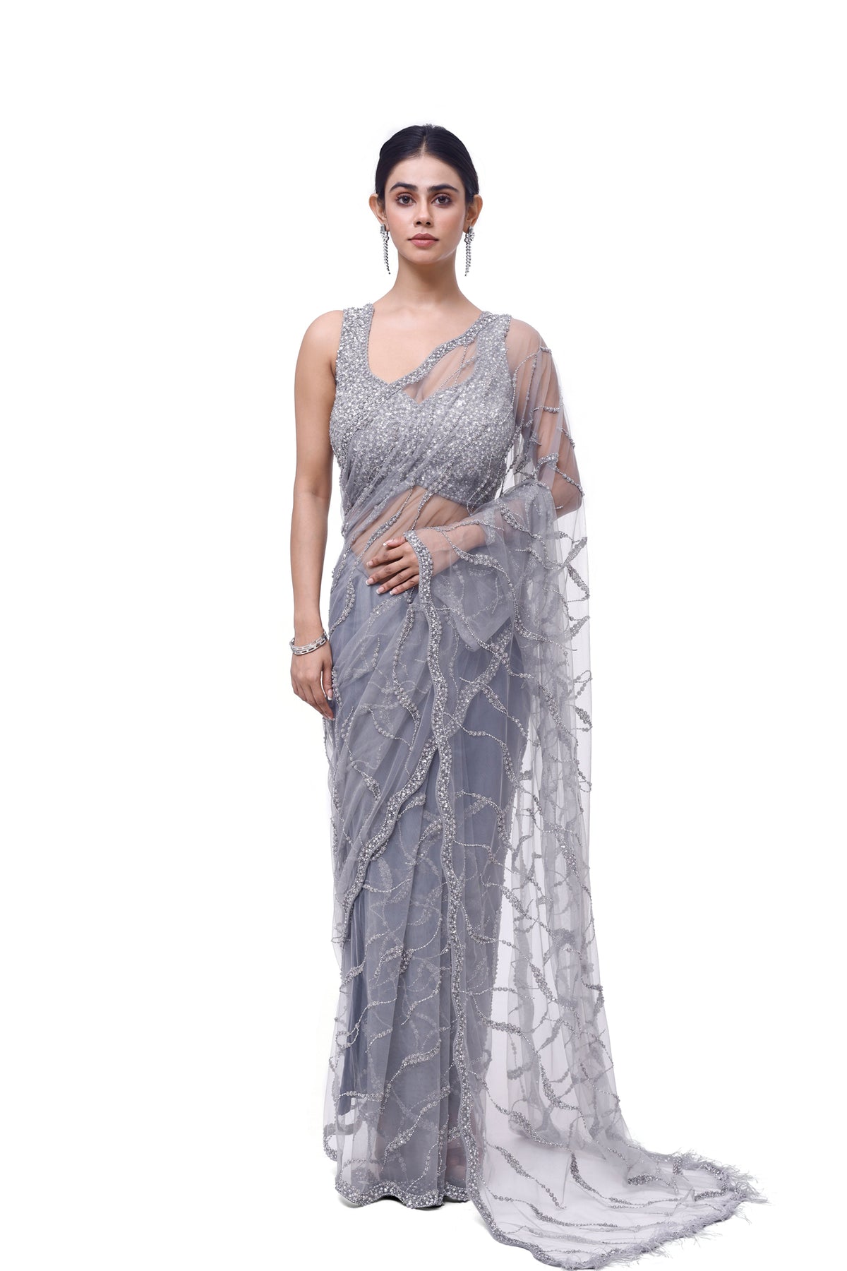 Ash Embellished Net Saree