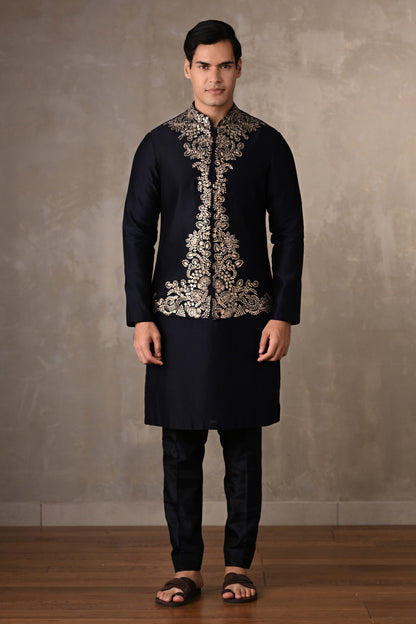 Navy Blue Chanderi Embroidered Bundi Jacket With Kurta Set