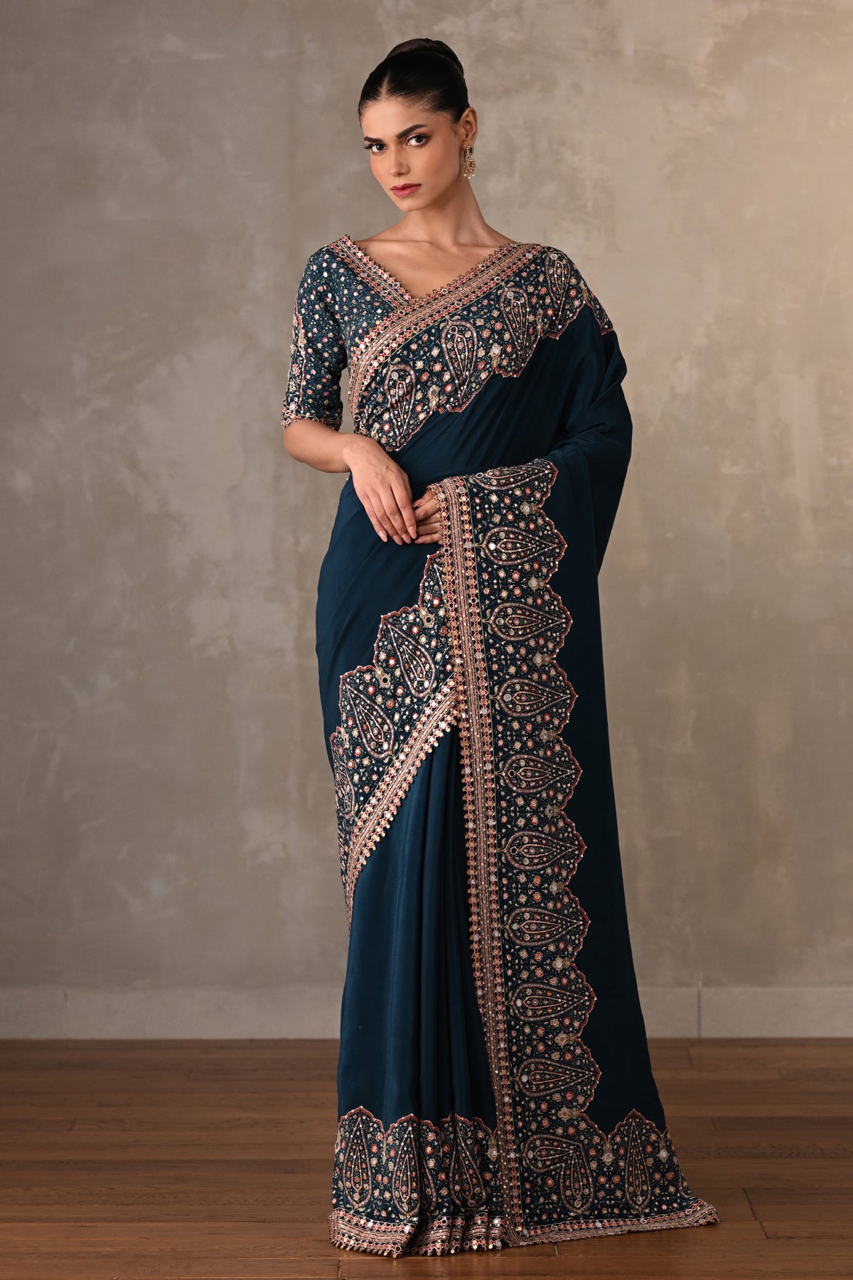 Navy Mirror Work Saree Set