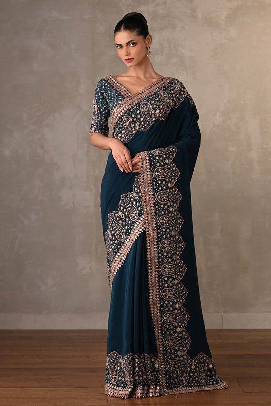 Navy Mirror Work Saree Set