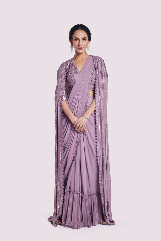 Embellished Drape Saree With Longline Cape