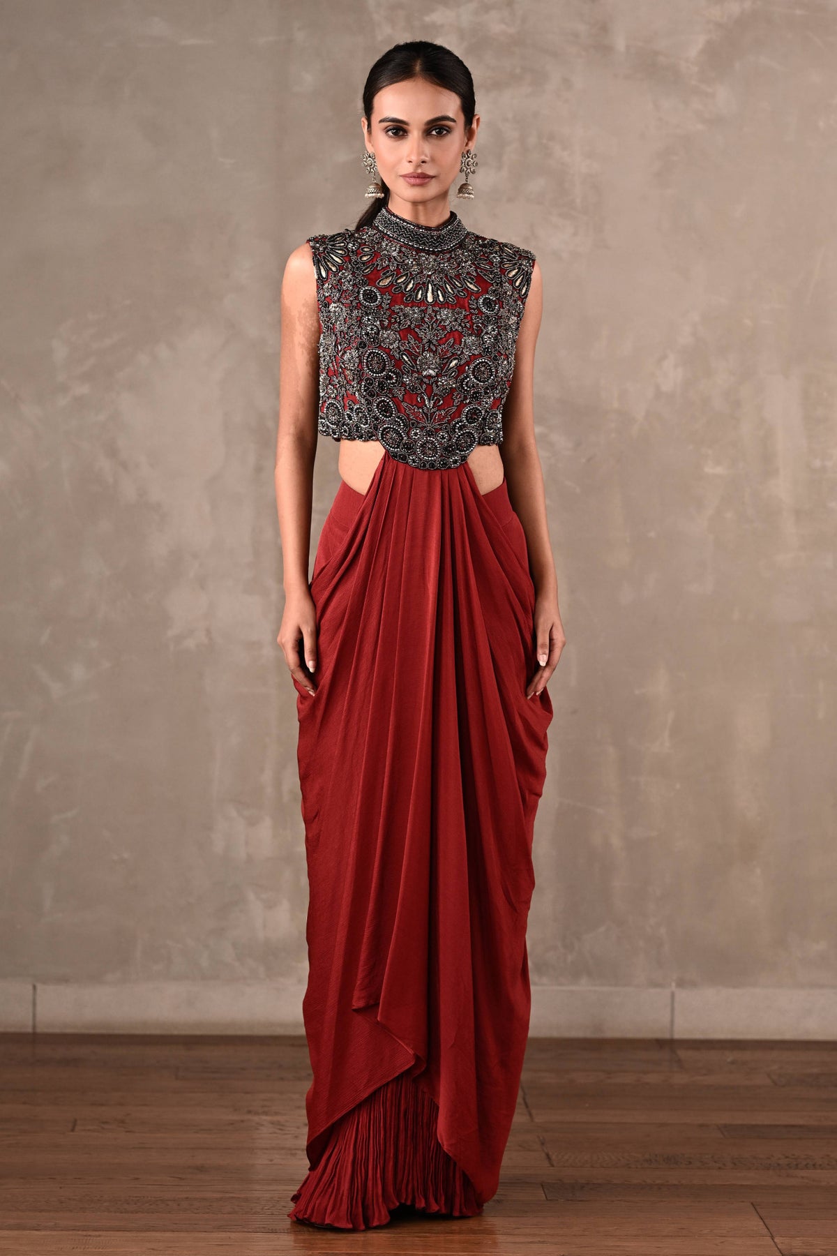 Maroon Drape Gown Set