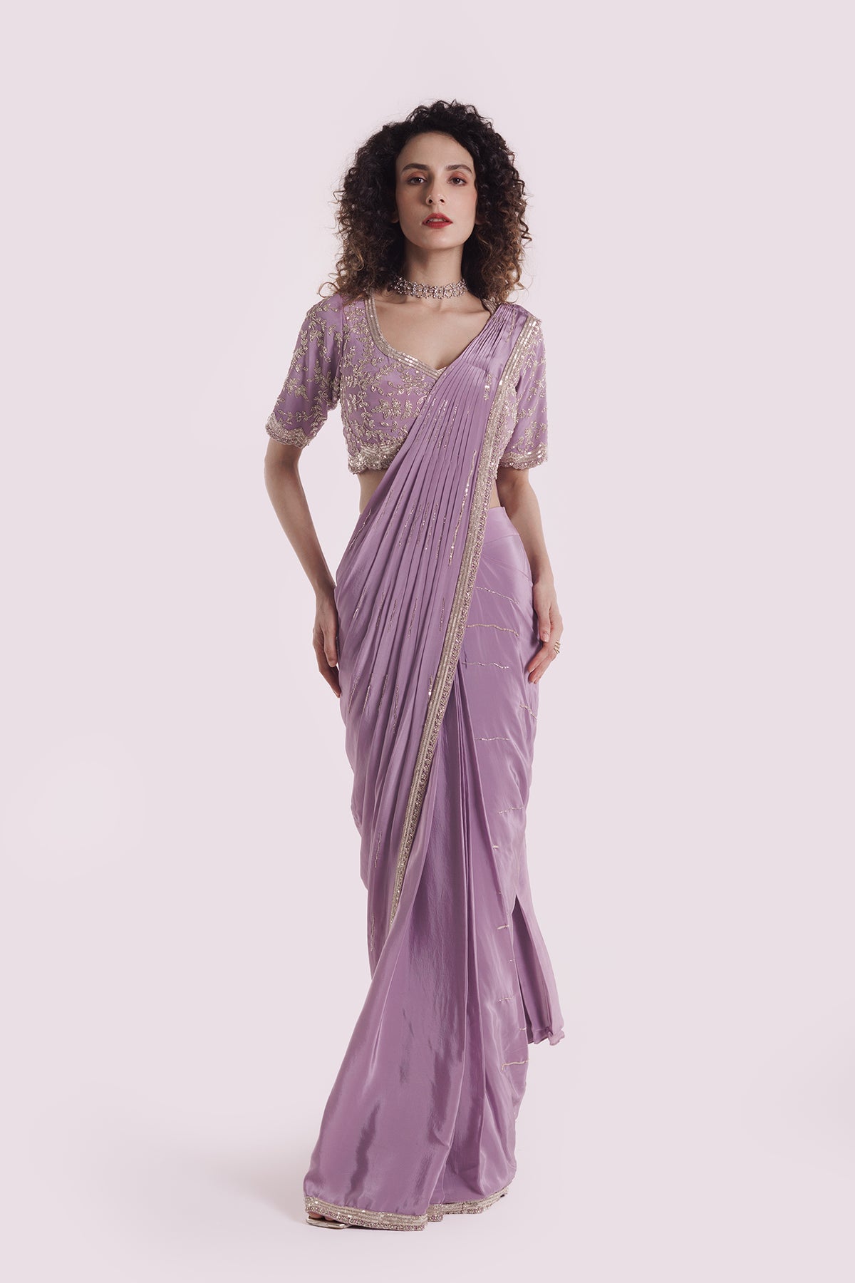 Embroidered Lavender Lycra Drape Saree