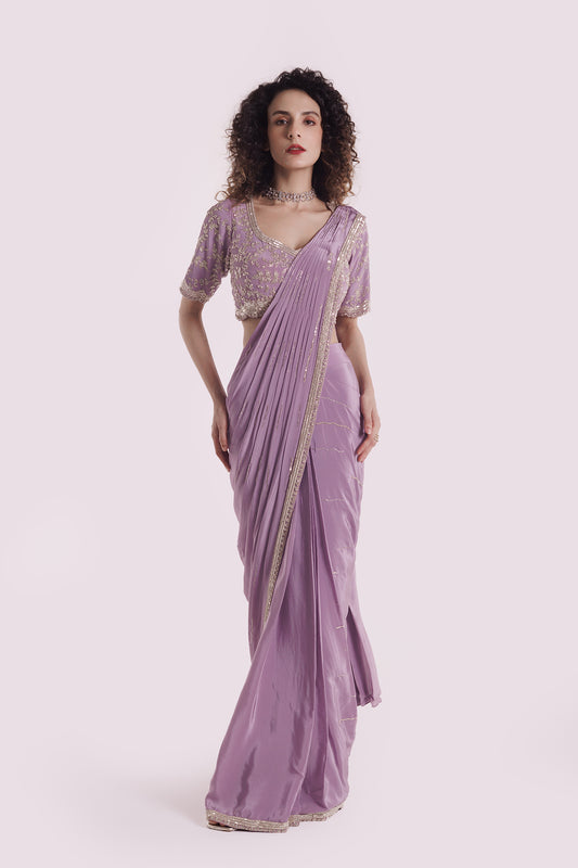 Embroidered Lavender Lycra Drape Saree
