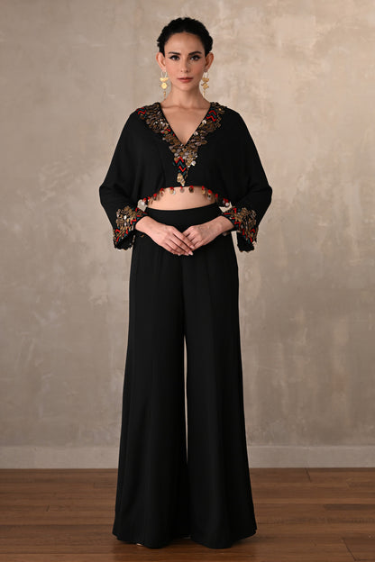 Black Georgette Embroidered Crop Top With Wide-Leg Trousers