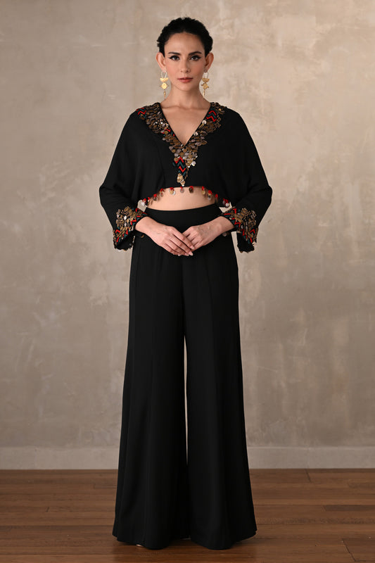 Black Georgette Embroidered Crop Top With Wide-Leg Trousers