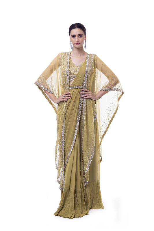 Lime Yellow Drape Saree With Cape