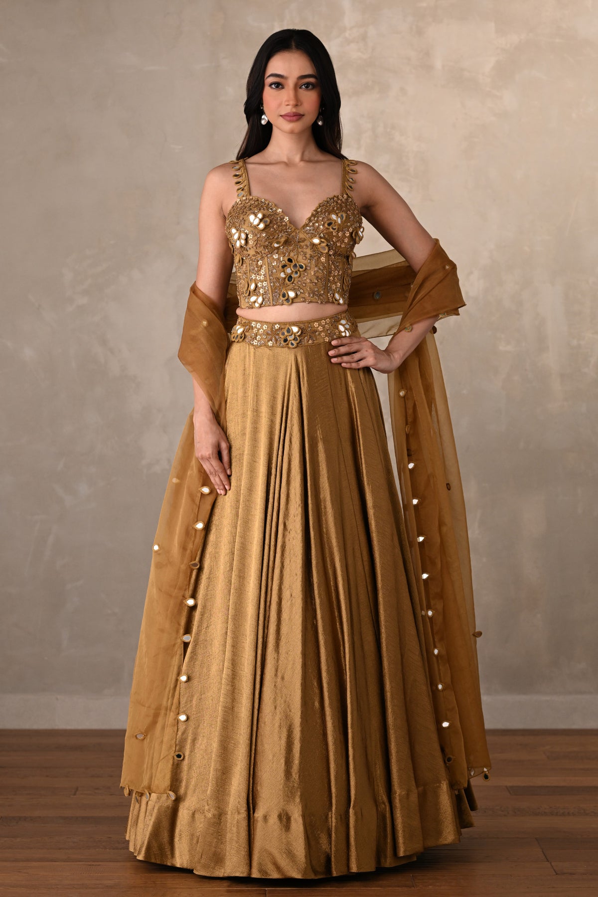 Gold Mirage Satin Crepe Lehenga Set