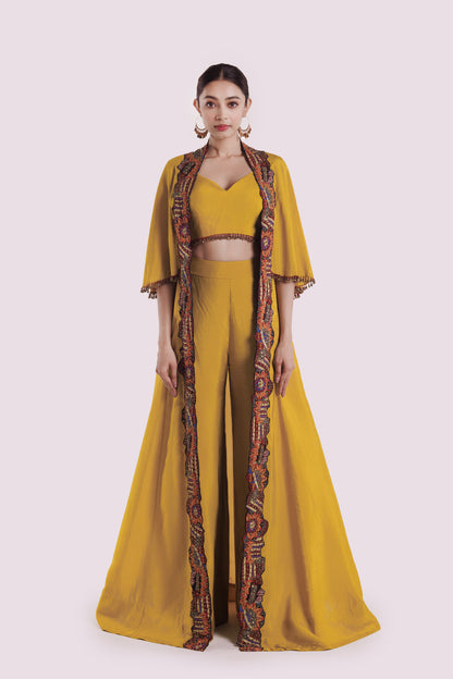 Silk Co-Ord Set With Thread Embroidered Longline Jacket