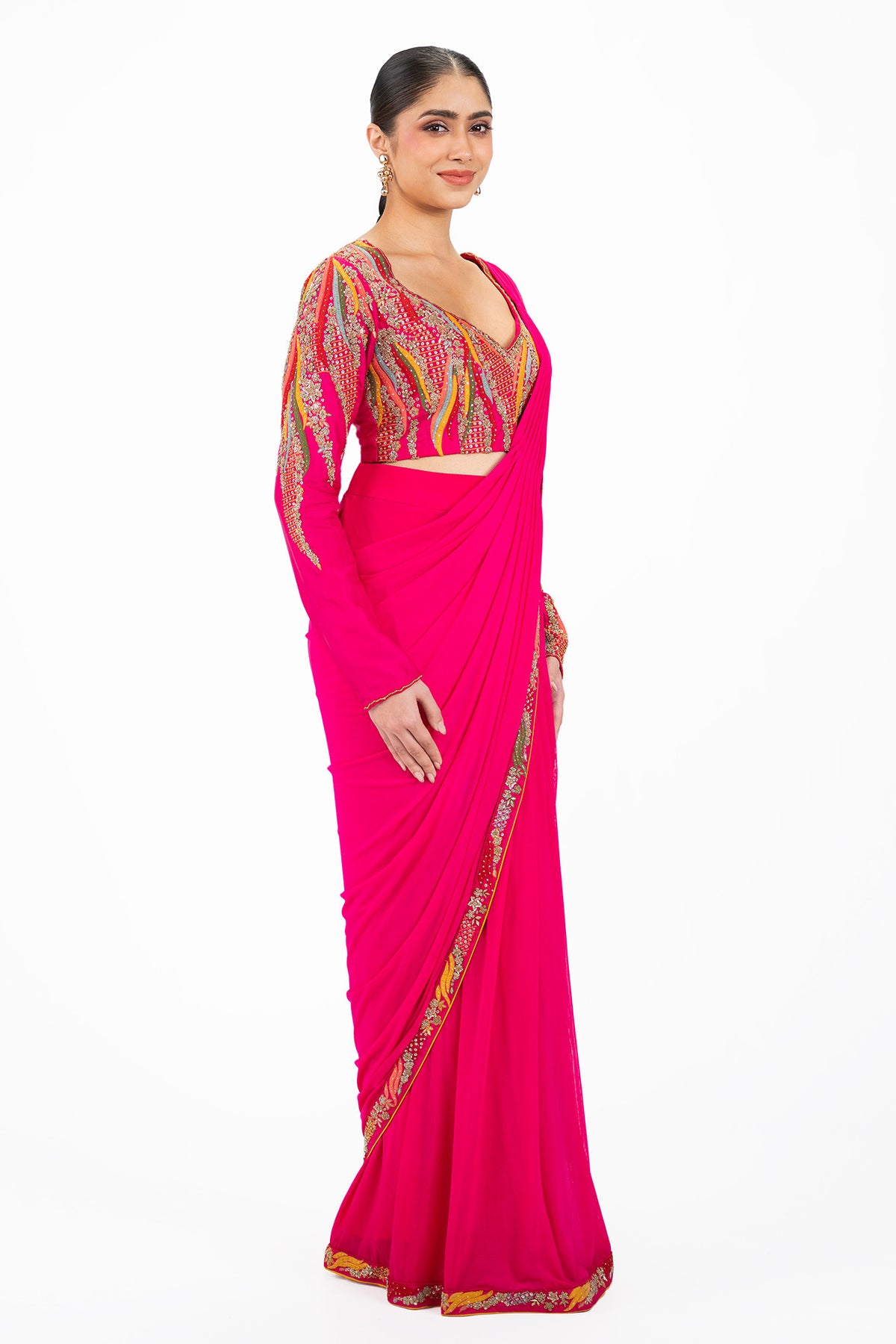 Multicolour Embellished Pre-stitched saree