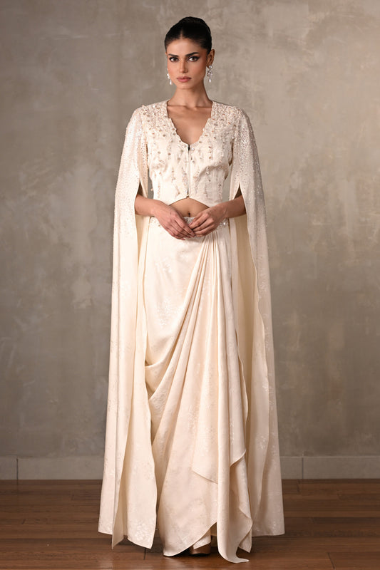 Ethereal Off-White Satin Cape Top & Draped Skirt Set