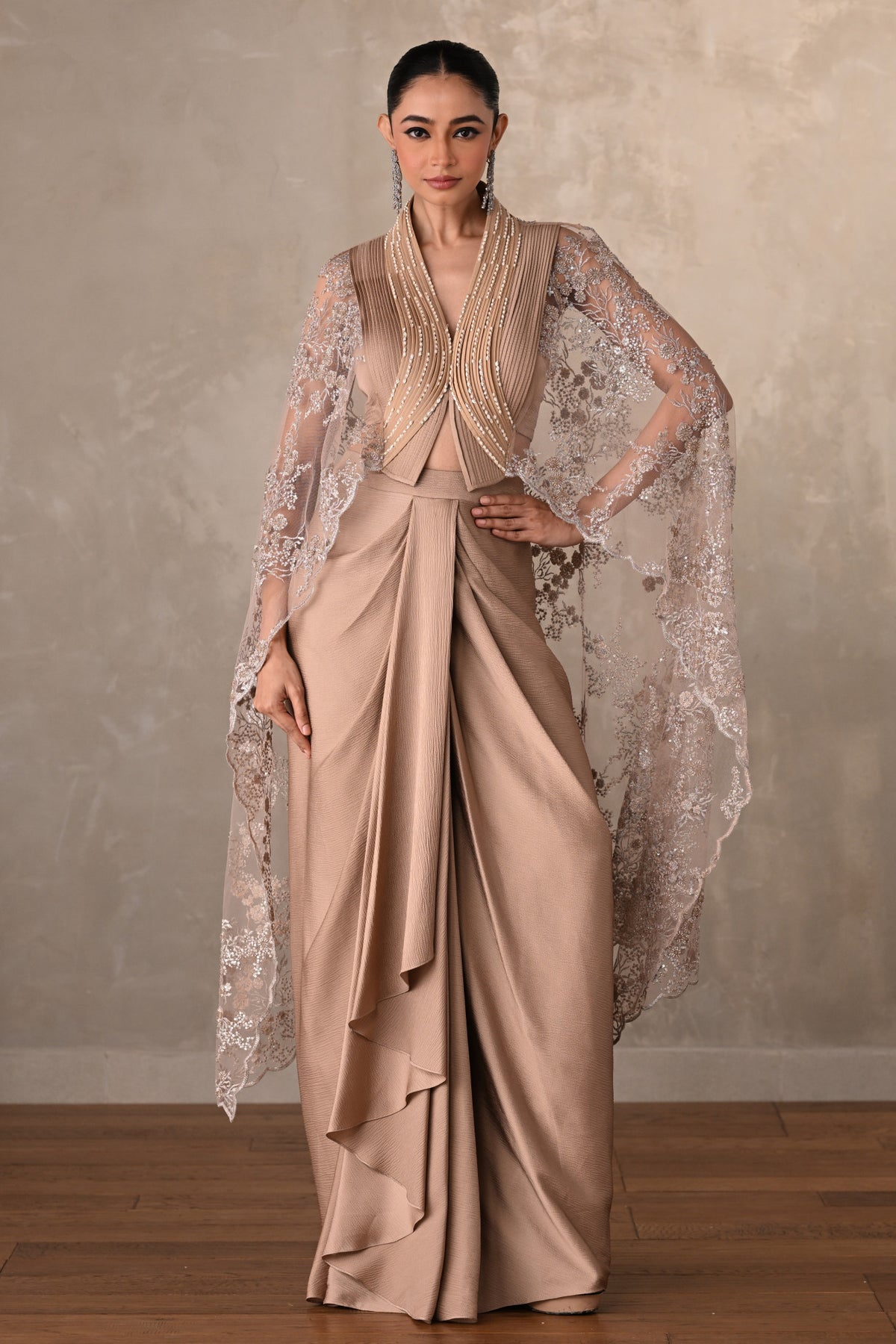 Champagne Satin Draped Skirt with Structured Sheer Cape