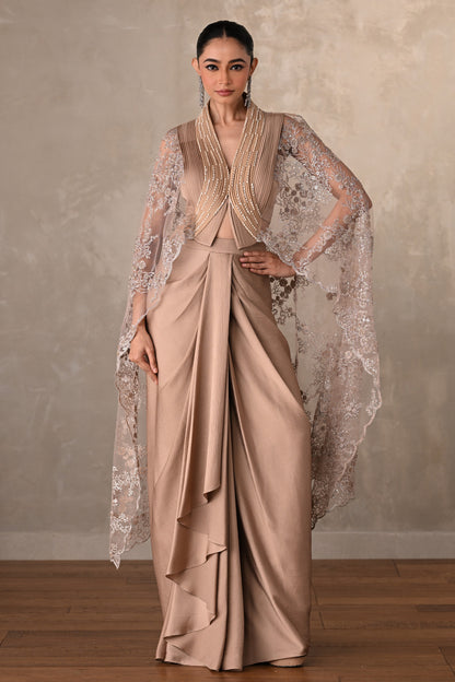 Champagne Satin Draped Skirt with Structured Sheer Cape