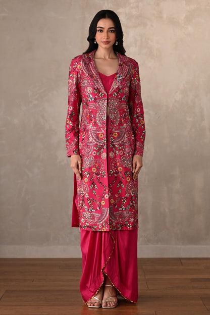 Rani Silk Draped Skirt Set With Embroidered Long Jacket