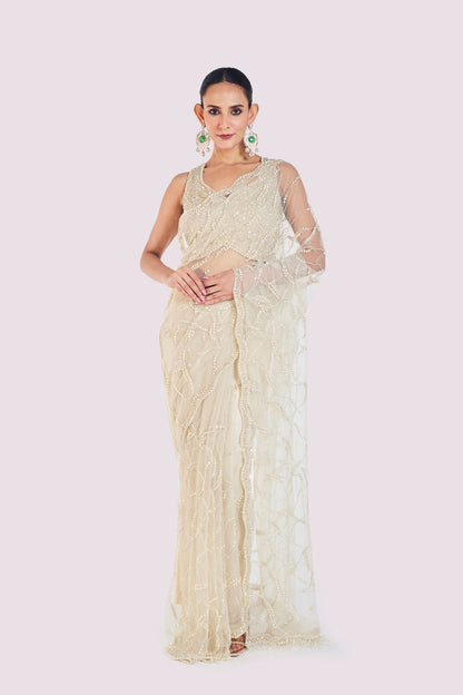 Ivory Embellished Net Saree