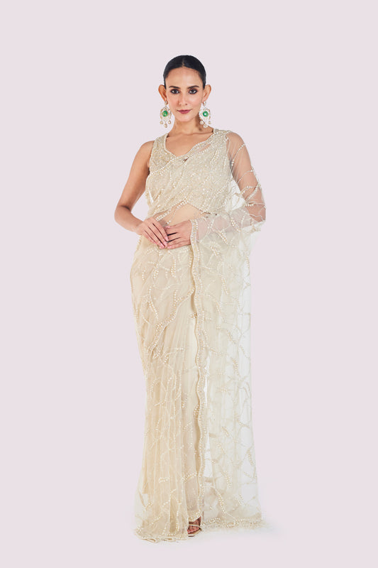 Ivory Embellished Net Saree
