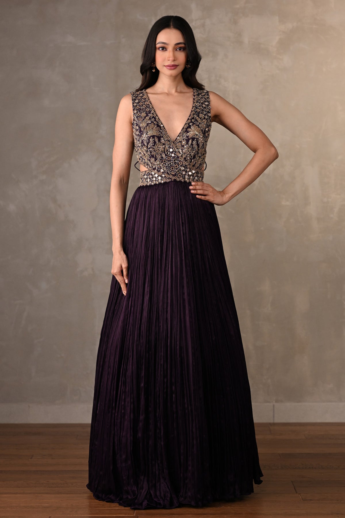 Moss Mirror Embroidered Pleated Gown