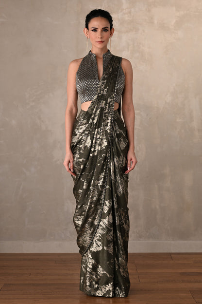Olive Lustre Foil Drape Saree