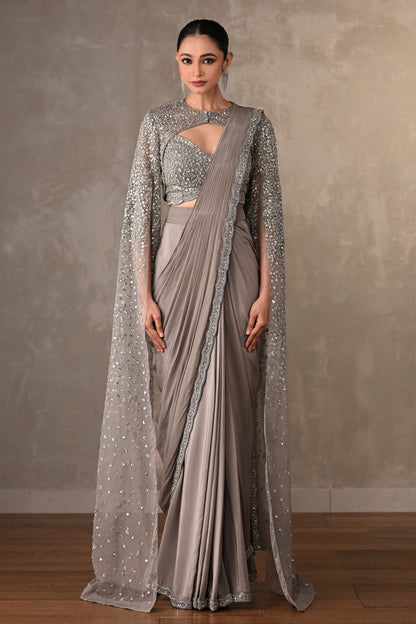 Starlit Silver Drape Saree Set