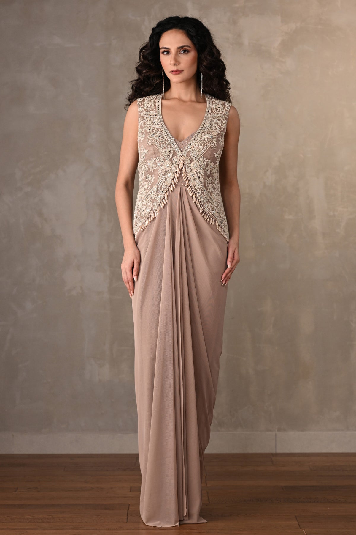 Beige Embellished Gown With Short Jacket