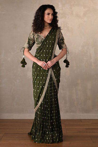 Zariya Olive Embroidered Drape Saree