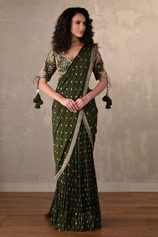 Zariya Olive Embroidered Drape Saree