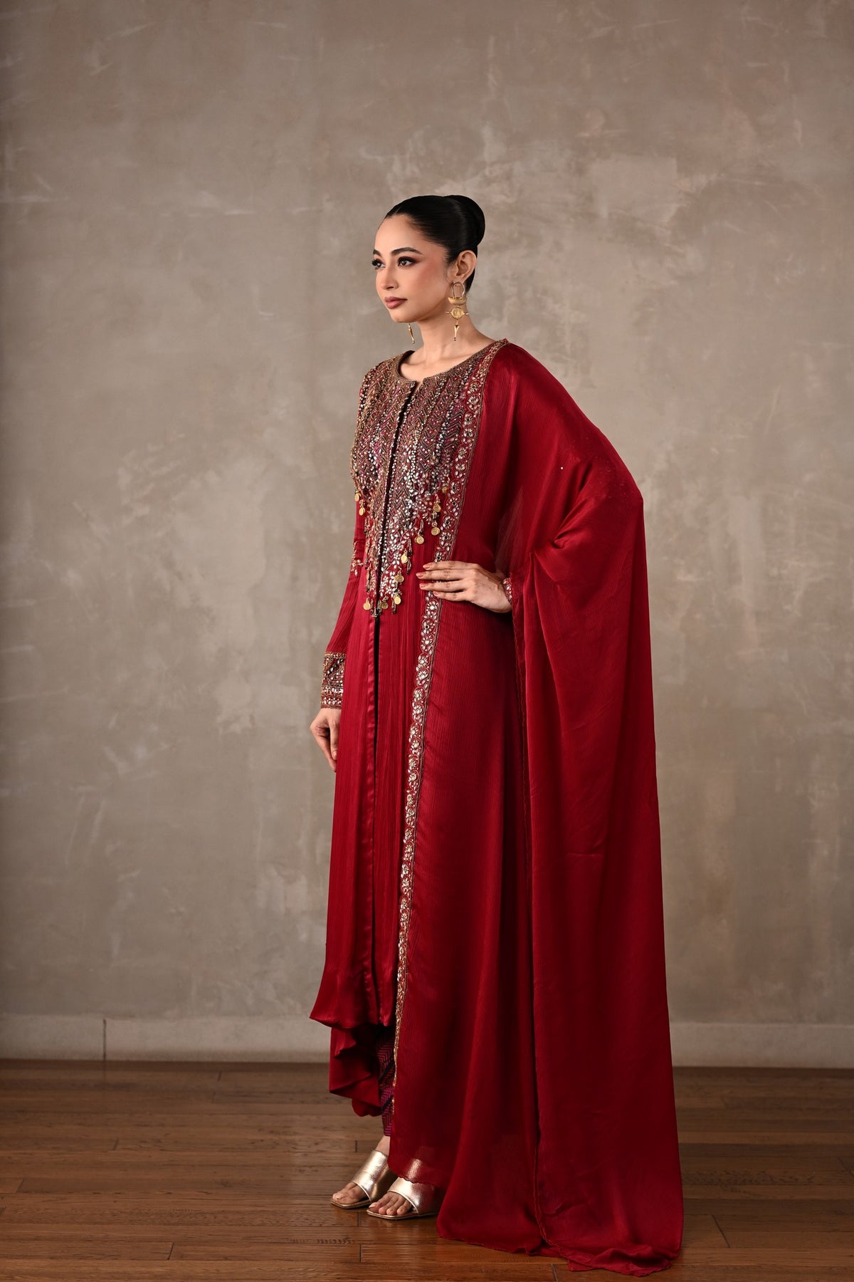 Embellished Satin Chiffon High-Low Kurta Set