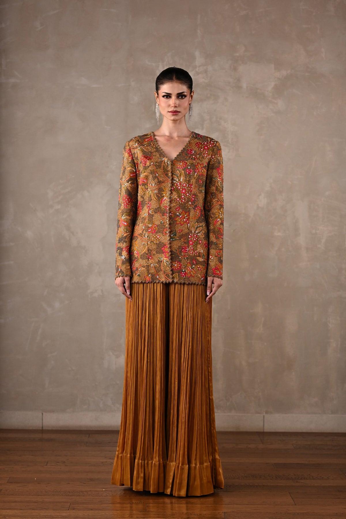 Embellished Floral Jacket & Pleated Palazzo Set