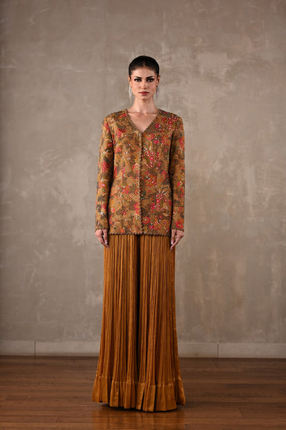 Embellished Floral Jacket & Pleated Palazzo Set