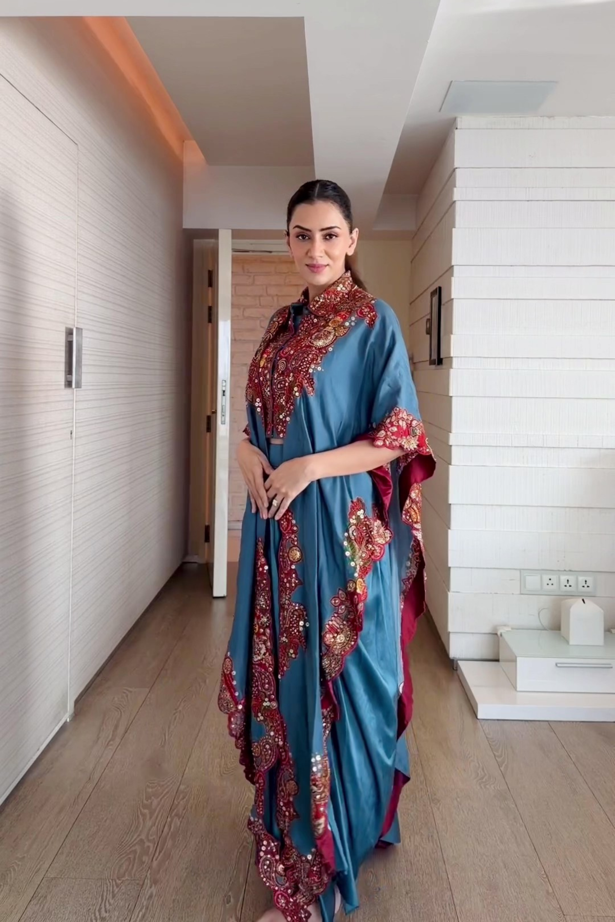 Blue Embroidered Kaftan Shirt & Drape Pant Co-Ord Set