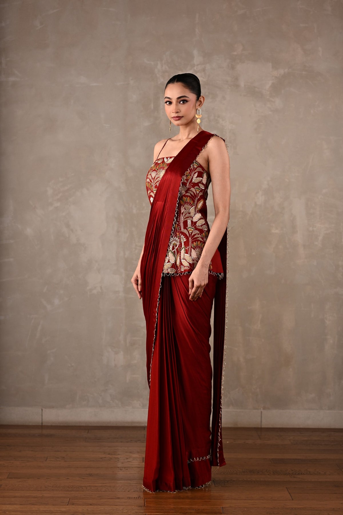 Floral Thread Embroidered Drape Saree Set
