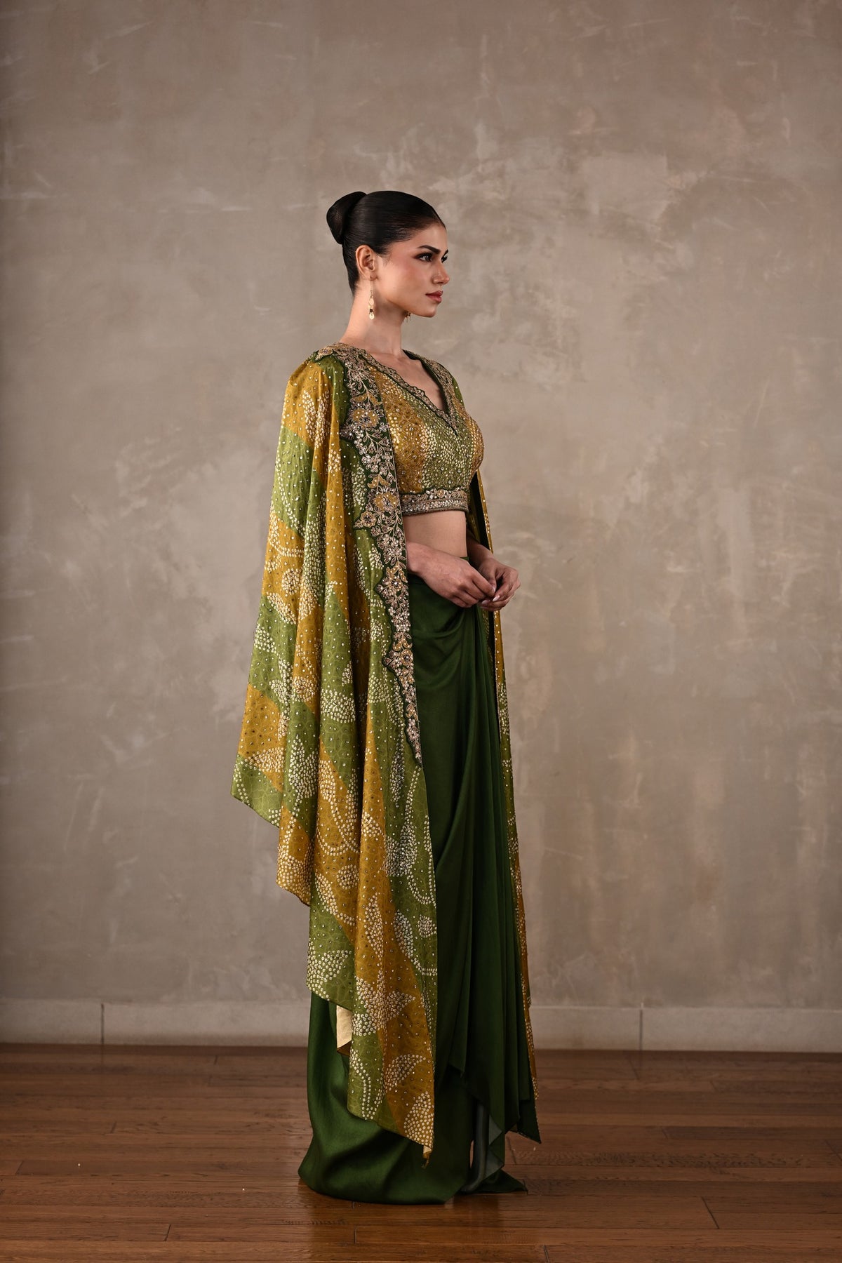 Embellished Silk Cape & Drape Skirt Set