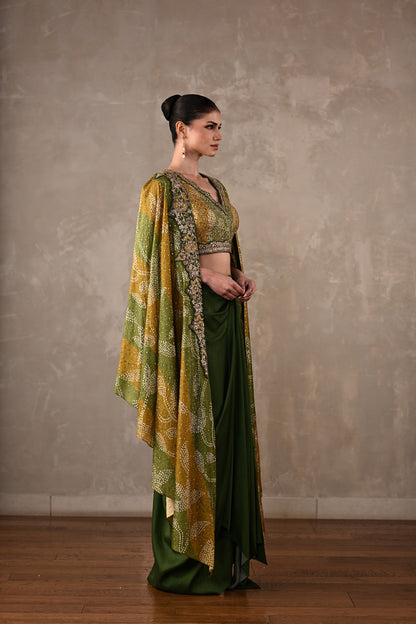 Embellished Silk Cape & Drape Skirt Set