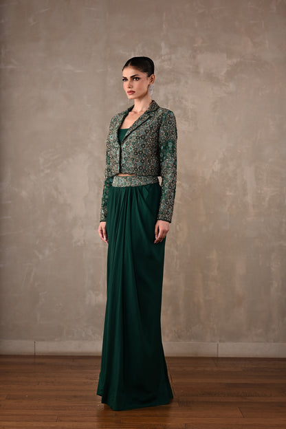 Embellished Crepe Drape Skirt & Cropped Jacket Set