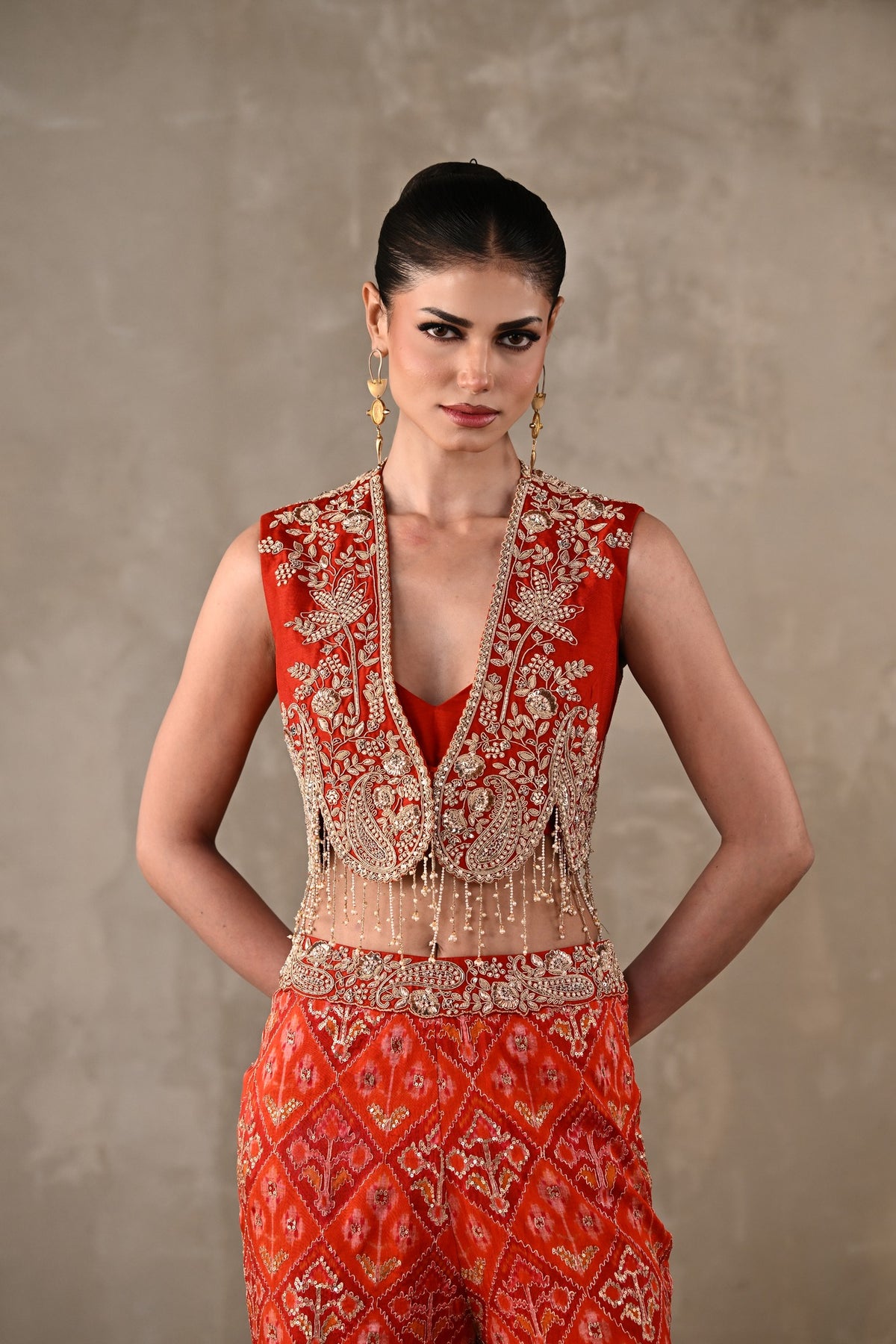 Embellished Silk Waistcoat & Pochampally Pants Set