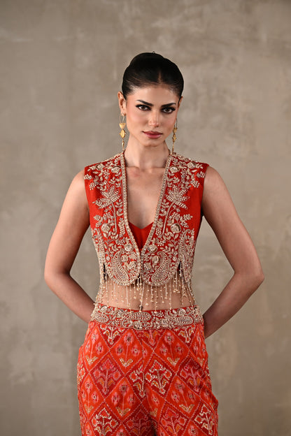 Embellished Silk Waistcoat & Pochampally Pants Set