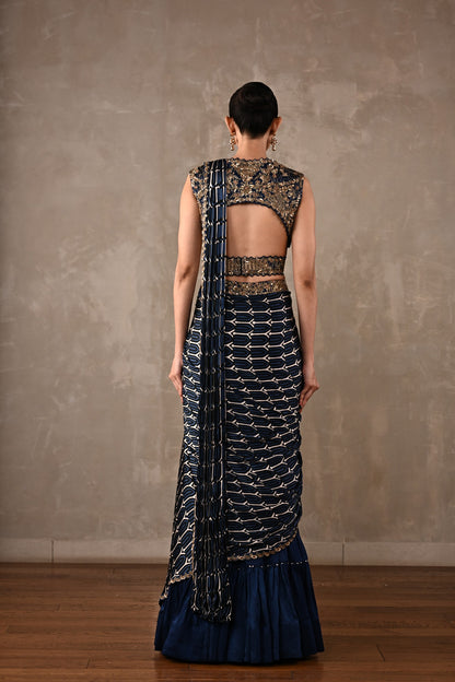 Printed Embroidered Drape Saree Set