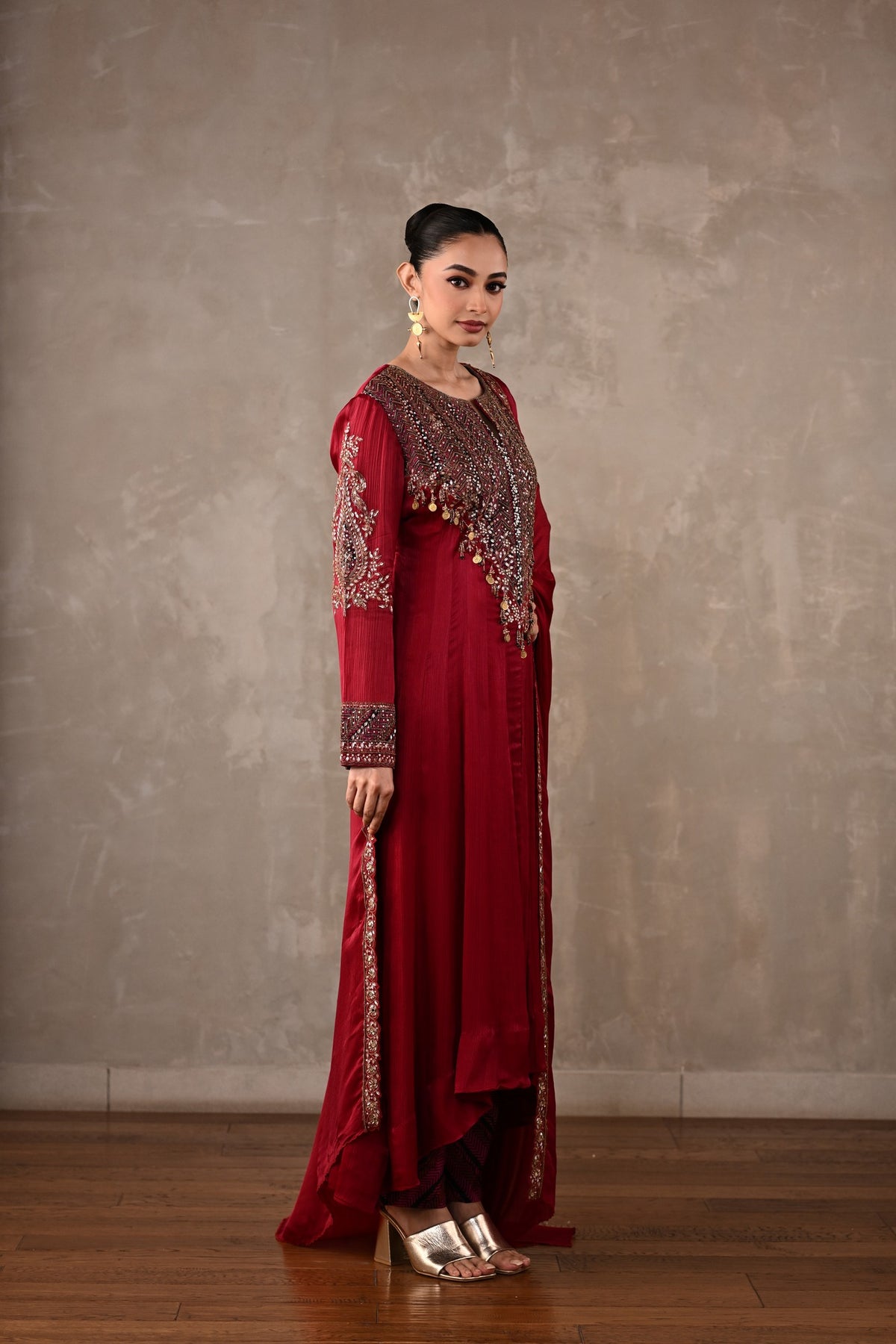 Embellished Satin Chiffon High-Low Kurta Set