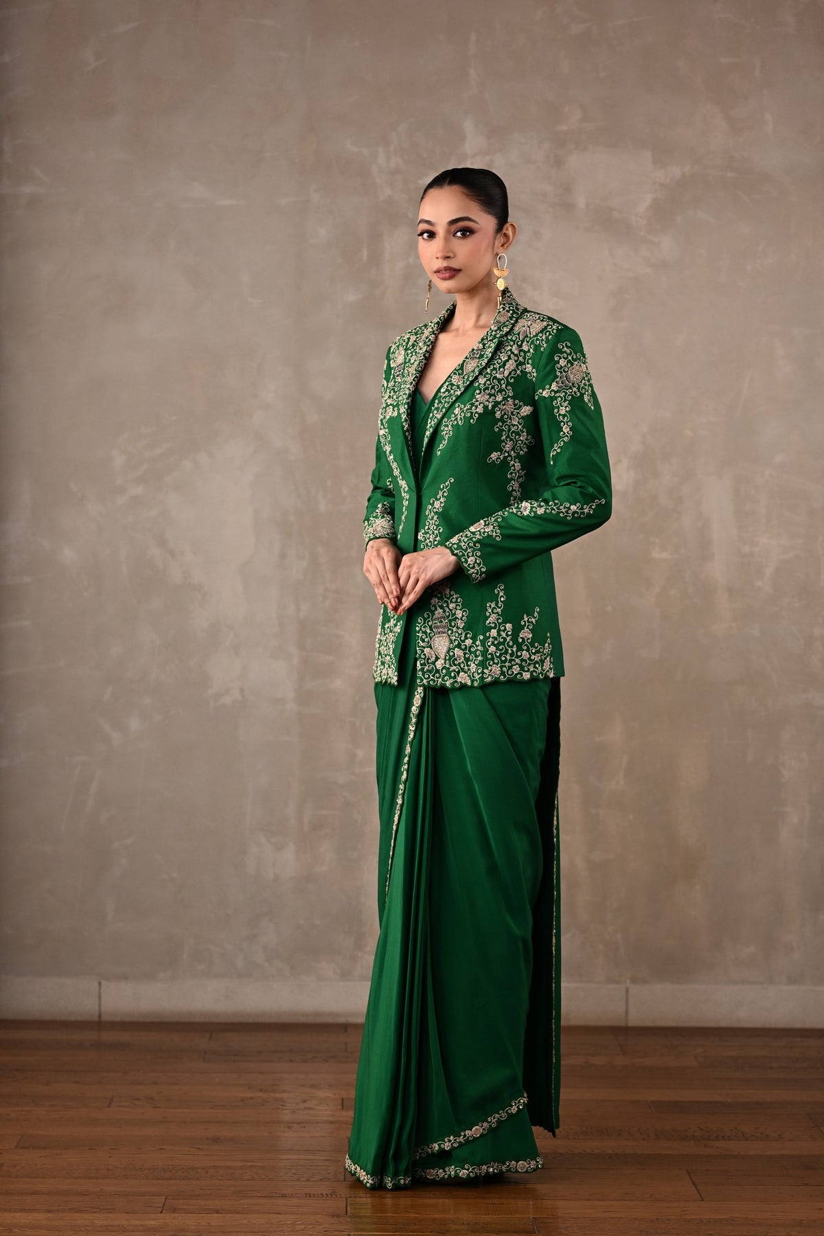 Thread Embroidered Drape Saree Set