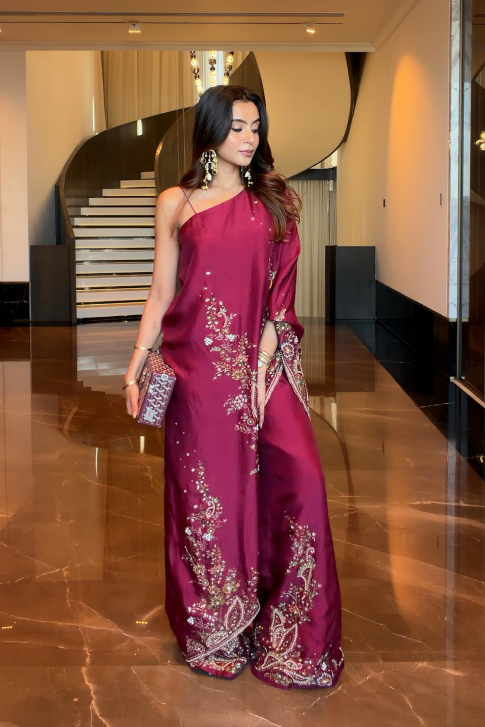 Red Silk One-Shoulder Kurta Set With Embroidered Sharara