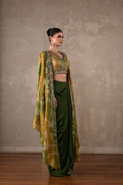 Embellished Silk Cape & Drape Skirt Set