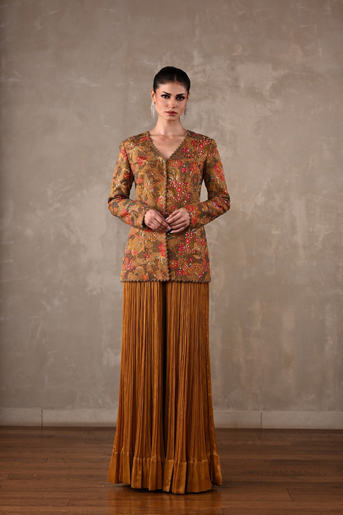 Embellished Floral Jacket & Pleated Palazzo Set