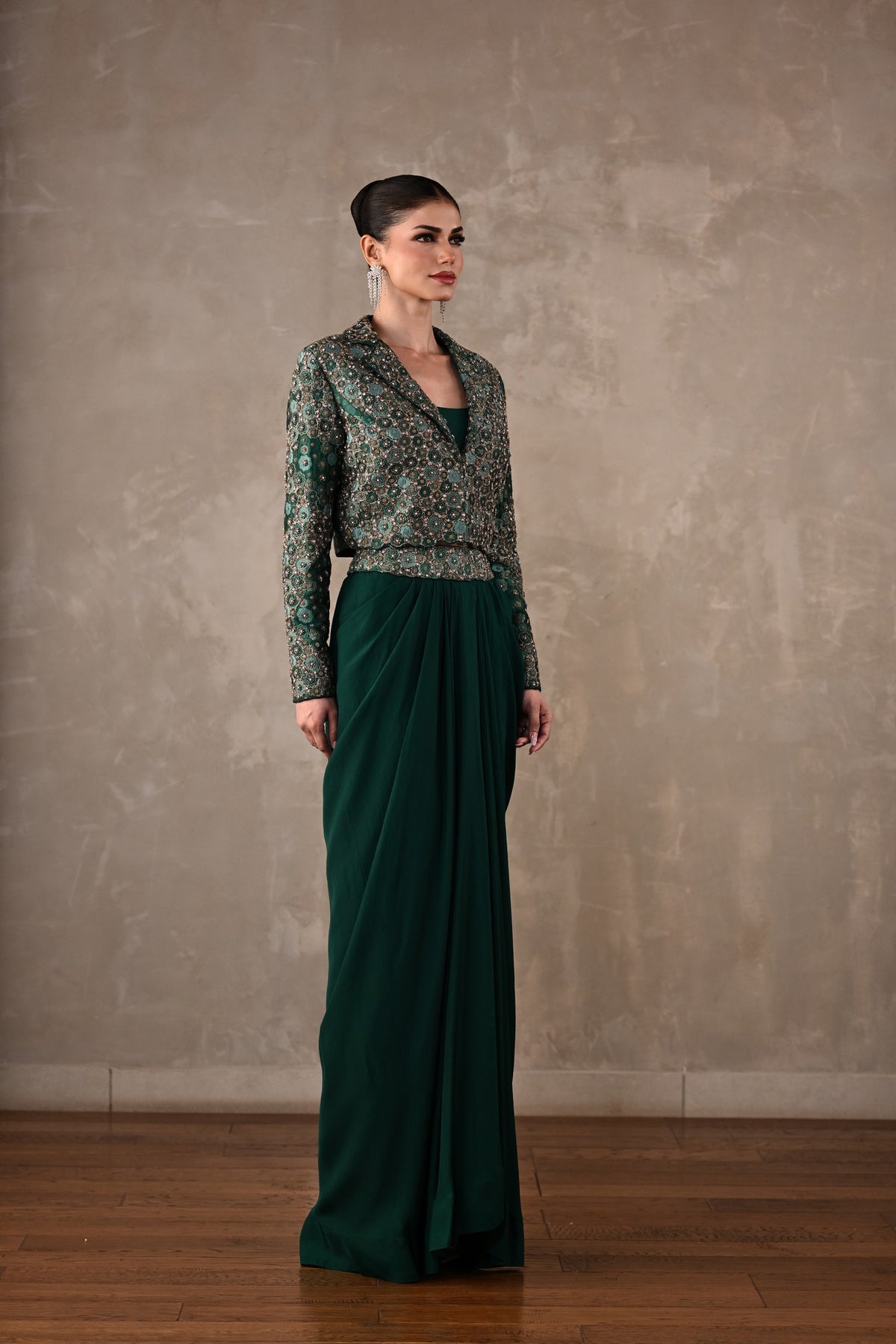 Embellished Crepe Drape Skirt & Cropped Jacket Set