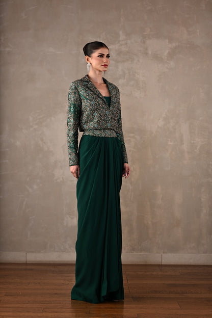 Embellished Crepe Drape Skirt & Cropped Jacket Set