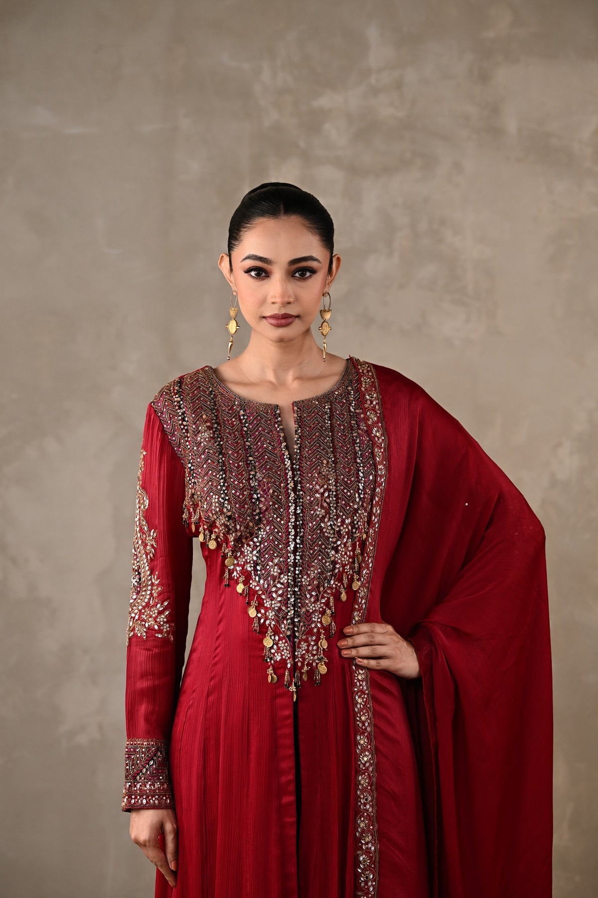 Embellished Satin Chiffon High-Low Kurta Set